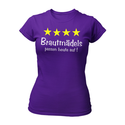 Damen T-Shirt "Brautmädels & Sterne" mit pinkem Schriftzug und 4 gelben Sternen, ideal für die Aufpasserinnen der Braut. Dieses stilvolle JGA-Shirt lässt sich perfekt mit dem Braut-Shirt "Braut & Krone" kombinieren und sorgt für eine festliche Atmosphäre beim Junggesellinnenabschied.