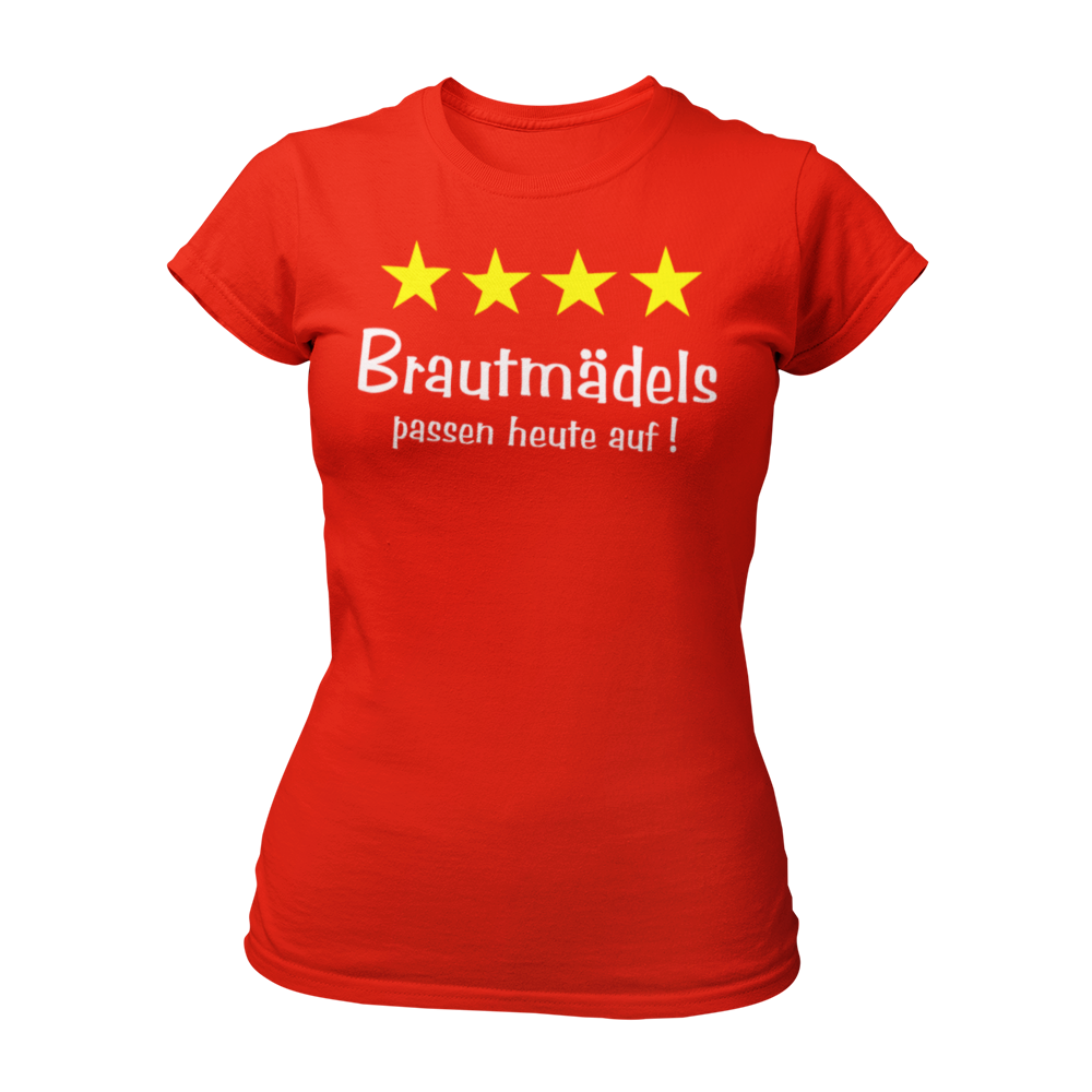 Damen T-Shirt "Brautmädels & Sterne" mit pinkem Schriftzug und 4 gelben Sternen, ideal für die Aufpasserinnen der Braut. Dieses stilvolle JGA-Shirt lässt sich perfekt mit dem Braut-Shirt "Braut & Krone" kombinieren und sorgt für eine festliche Atmosphäre beim Junggesellinnenabschied.