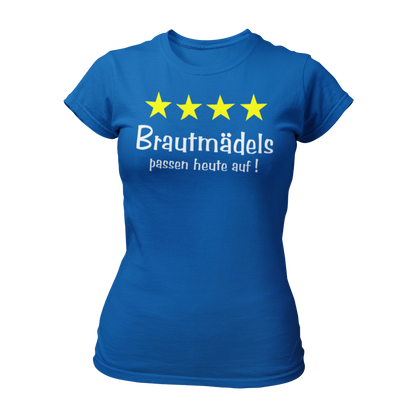 Damen T-Shirt "Brautmädels & Sterne" mit pinkem Schriftzug und 4 gelben Sternen, ideal für die Aufpasserinnen der Braut. Dieses stilvolle JGA-Shirt lässt sich perfekt mit dem Braut-Shirt "Braut & Krone" kombinieren und sorgt für eine festliche Atmosphäre beim Junggesellinnenabschied.