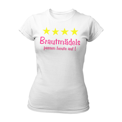 Damen T-Shirt "Brautmädels & Sterne" mit pinkem Schriftzug und 4 gelben Sternen, ideal für die Aufpasserinnen der Braut. Dieses stilvolle JGA-Shirt lässt sich perfekt mit dem Braut-Shirt "Braut & Krone" kombinieren und sorgt für eine festliche Atmosphäre beim Junggesellinnenabschied.