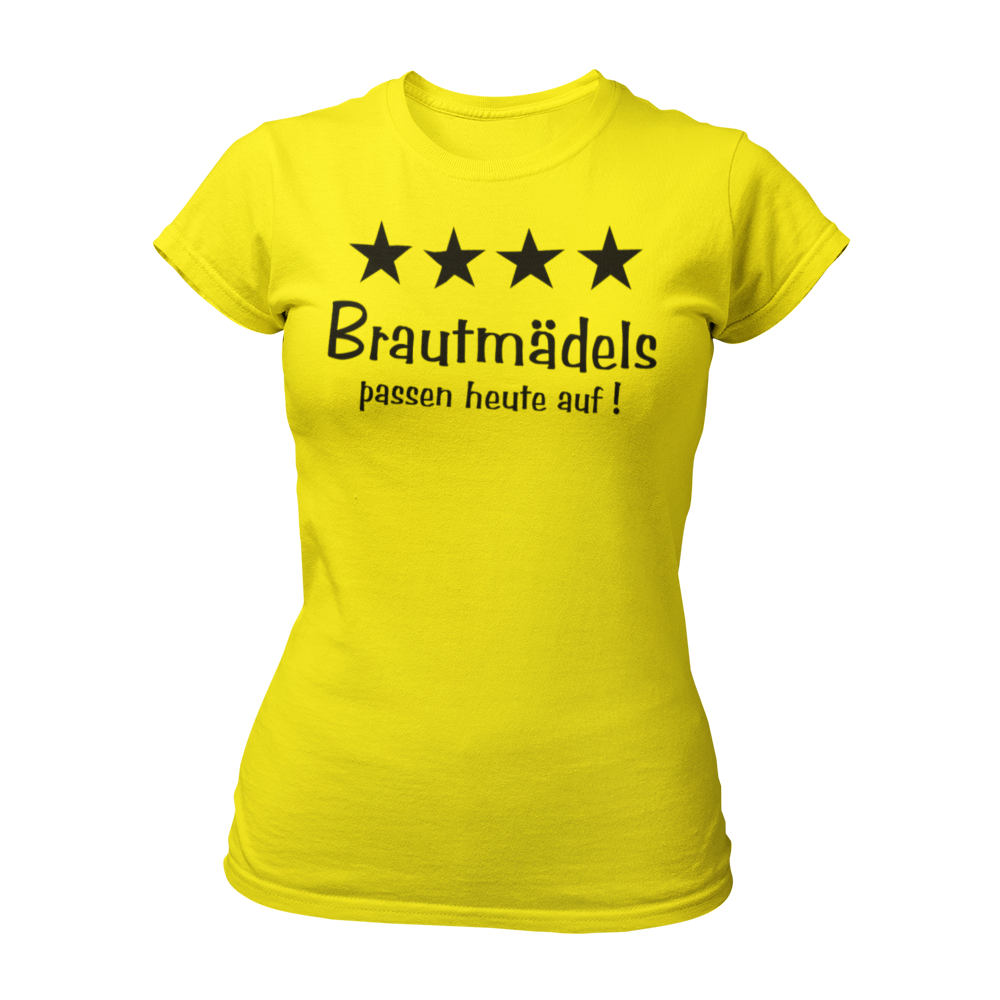 Damen T-Shirt "Brautmädels & Sterne" mit pinkem Schriftzug und 4 gelben Sternen, ideal für die Aufpasserinnen der Braut. Dieses stilvolle JGA-Shirt lässt sich perfekt mit dem Braut-Shirt "Braut & Krone" kombinieren und sorgt für eine festliche Atmosphäre beim Junggesellinnenabschied.