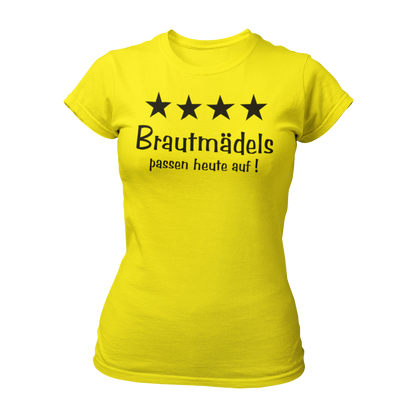 Damen T-Shirt "Brautmädels & Sterne" mit pinkem Schriftzug und 4 gelben Sternen, ideal für die Aufpasserinnen der Braut. Dieses stilvolle JGA-Shirt lässt sich perfekt mit dem Braut-Shirt "Braut & Krone" kombinieren und sorgt für eine festliche Atmosphäre beim Junggesellinnenabschied.