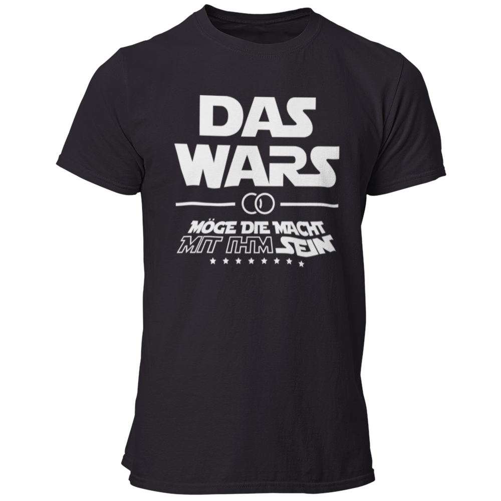 Damen T-Shirt 'Das Wars (mit ihm)' im Star Wars Look, ideal für Junggesellenabschiede. Das Shirt zeigt die satirische Botschaft 'Das wars mit ihm, möge die Macht mit ihm sein', mit Eheringen und dem großen Schriftzug 'DAS WARS'. Perfekt für Fans der Star Wars Saga, um humorvoll den Übergang zur Ehe zu feiern. Erhältlich in verschiedenen Größen (S bis 3XL) und Farben wie Weiß, Rot und Schwarz. Ein tolles Outfit für die Trauzeugen und die Feier.