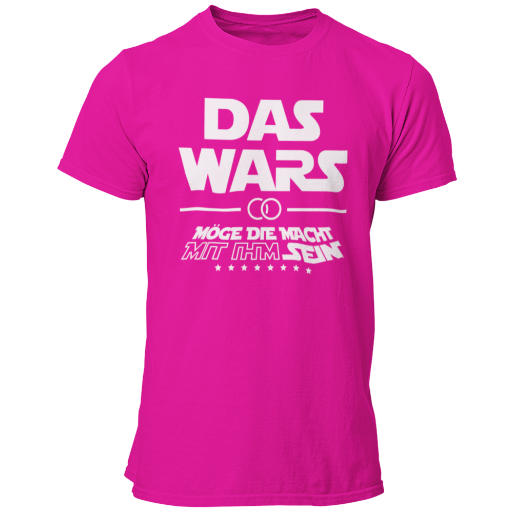 Damen T-Shirt 'Das Wars (mit ihm)' im Star Wars Look, ideal für Junggesellenabschiede. Das Shirt zeigt die satirische Botschaft 'Das wars mit ihm, möge die Macht mit ihm sein', mit Eheringen und dem großen Schriftzug 'DAS WARS'. Perfekt für Fans der Star Wars Saga, um humorvoll den Übergang zur Ehe zu feiern. Erhältlich in verschiedenen Größen (S bis 3XL) und Farben wie Weiß, Rot und Schwarz. Ein tolles Outfit für die Trauzeugen und die Feier.