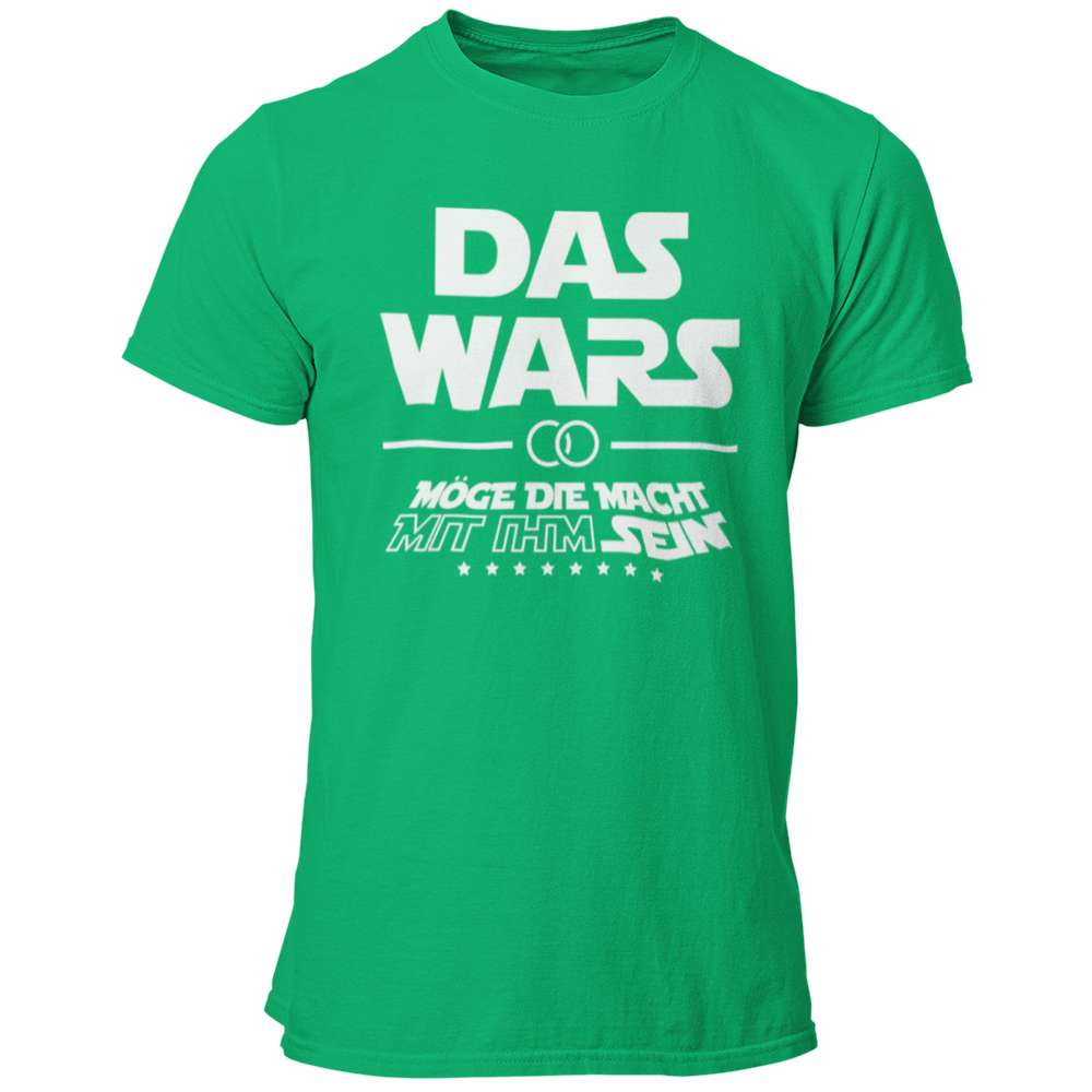 Damen T-Shirt 'Das Wars (mit ihm)' im Star Wars Look, ideal für Junggesellenabschiede. Das Shirt zeigt die satirische Botschaft 'Das wars mit ihm, möge die Macht mit ihm sein', mit Eheringen und dem großen Schriftzug 'DAS WARS'. Perfekt für Fans der Star Wars Saga, um humorvoll den Übergang zur Ehe zu feiern. Erhältlich in verschiedenen Größen (S bis 3XL) und Farben wie Weiß, Rot und Schwarz. Ein tolles Outfit für die Trauzeugen und die Feier.