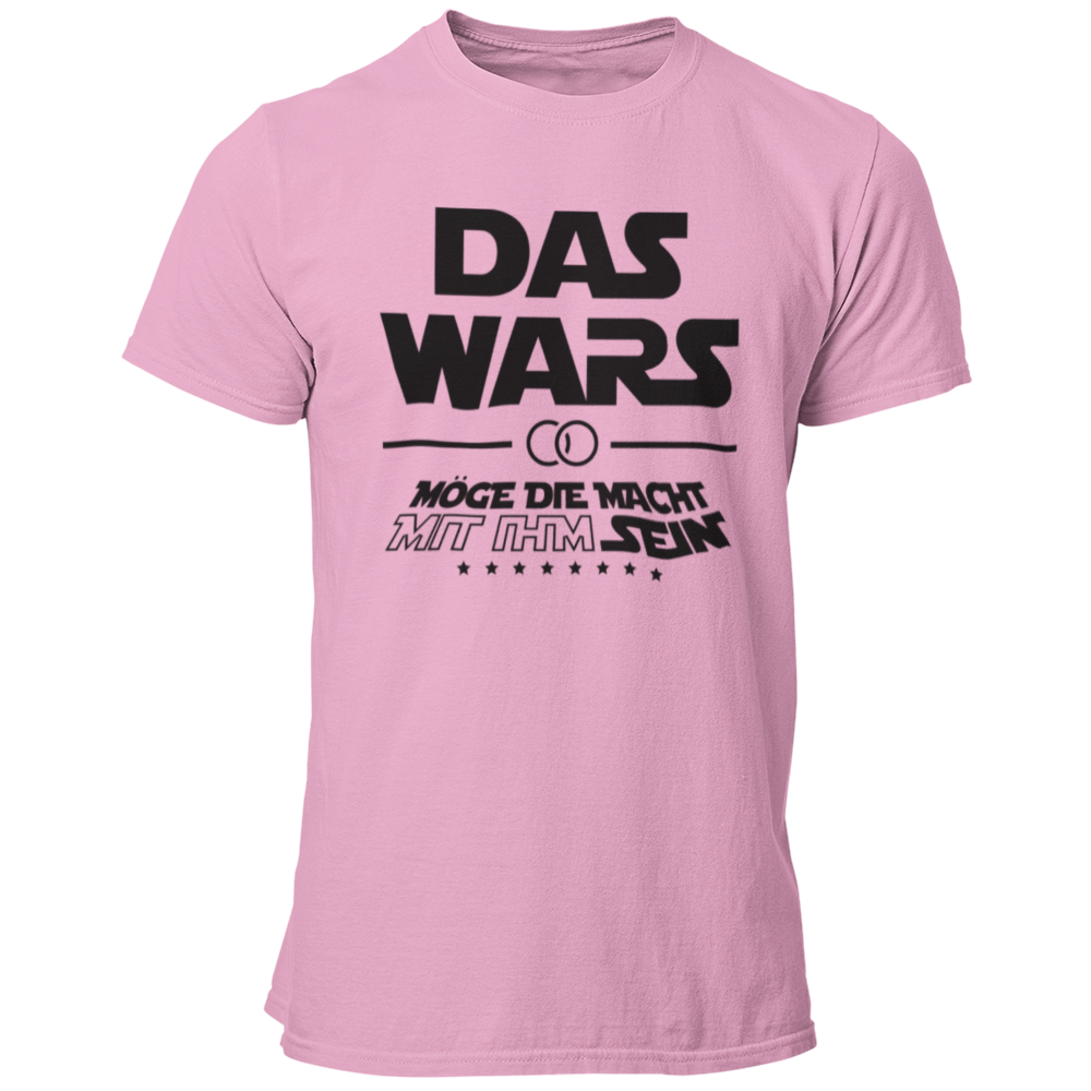 Damen T-Shirt 'Das Wars (mit ihm)' im Star Wars Look, ideal für Junggesellenabschiede. Das Shirt zeigt die satirische Botschaft 'Das wars mit ihm, möge die Macht mit ihm sein', mit Eheringen und dem großen Schriftzug 'DAS WARS'. Perfekt für Fans der Star Wars Saga, um humorvoll den Übergang zur Ehe zu feiern. Erhältlich in verschiedenen Größen (S bis 3XL) und Farben wie Weiß, Rot und Schwarz. Ein tolles Outfit für die Trauzeugen und die Feier.