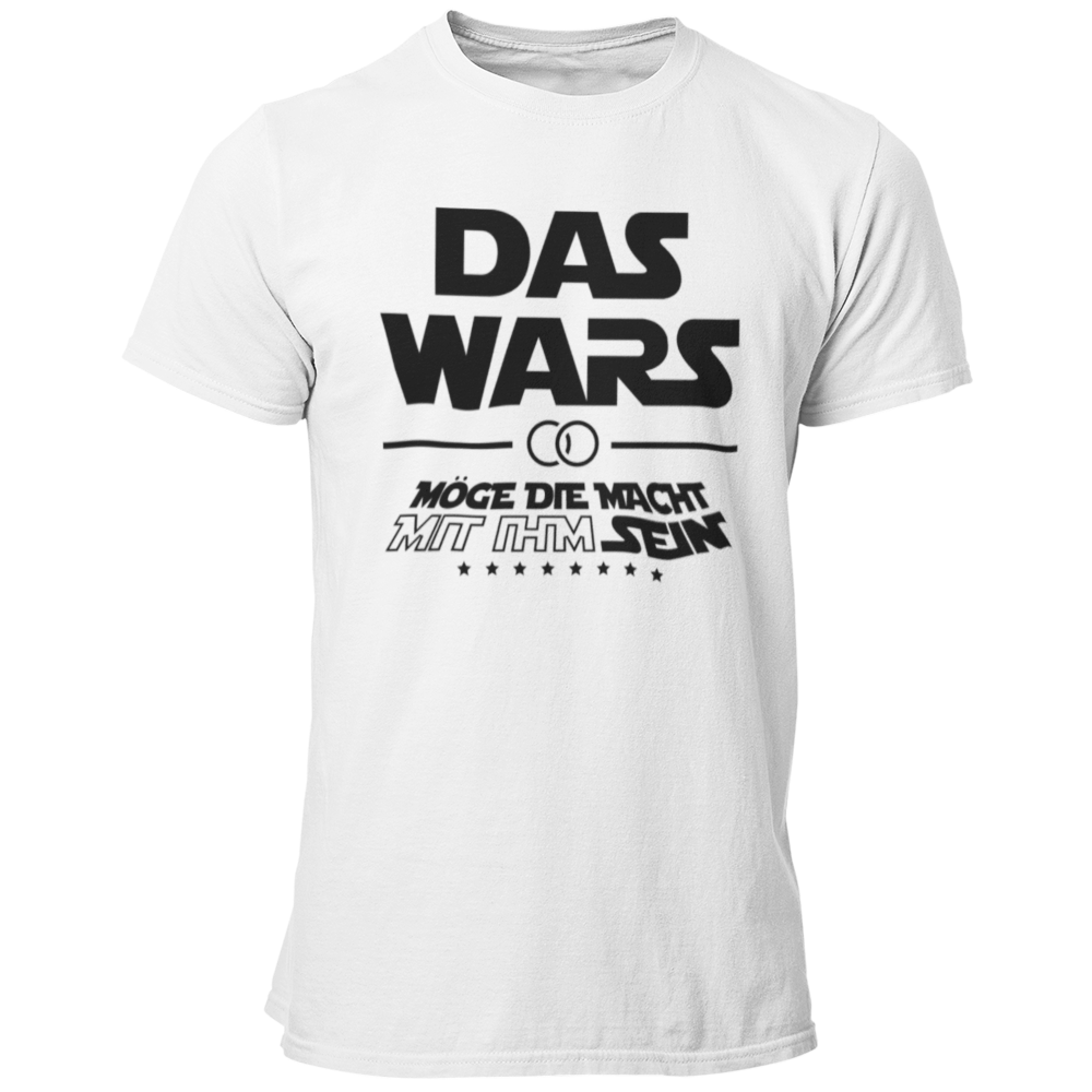 Damen T-Shirt 'Das Wars (mit ihm)' im Star Wars Look, ideal für Junggesellenabschiede. Das Shirt zeigt die satirische Botschaft 'Das wars mit ihm, möge die Macht mit ihm sein', mit Eheringen und dem großen Schriftzug 'DAS WARS'. Perfekt für Fans der Star Wars Saga, um humorvoll den Übergang zur Ehe zu feiern. Erhältlich in verschiedenen Größen (S bis 3XL) und Farben wie Weiß, Rot und Schwarz. Ein tolles Outfit für die Trauzeugen und die Feier.