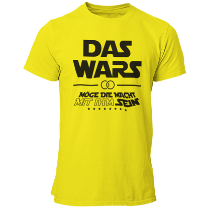 Damen T-Shirt 'Das Wars (mit ihm)' im Star Wars Look, ideal für Junggesellenabschiede. Das Shirt zeigt die satirische Botschaft 'Das wars mit ihm, möge die Macht mit ihm sein', mit Eheringen und dem großen Schriftzug 'DAS WARS'. Perfekt für Fans der Star Wars Saga, um humorvoll den Übergang zur Ehe zu feiern. Erhältlich in verschiedenen Größen (S bis 3XL) und Farben wie Weiß, Rot und Schwarz. Ein tolles Outfit für die Trauzeugen und die Feier.