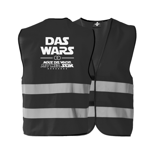 JGA Warnweste "Das Wars (mit mir)" für Junggesellenabschiede; inspiriert von Star Wars, ideal für Fans der Trilogie; kann über jedem Kleidungsstück getragen werden, flexibel und wetterunabhängig; erhältlich in zehn verschiedenen Farben; betont den Anlass des Abends mit einer originellen Botschaft, die das Ende der Junggesellenzeit feiert; ausgestattet mit zwei Klettverschlüssen zur Größenverstellung und zwei breiten Reflektionsstreifen für Sicherheit; schwarz eingesäumt; Unisex-Design, passend für jede Körp