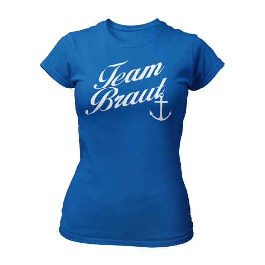 JGA T-Shirt "Team Braut mit Anker" für Frauen, mit eleganter Schrift und Anker-Silhouette. Erhältlich in den Farben grün, rot, blau, weiß und schwarz.