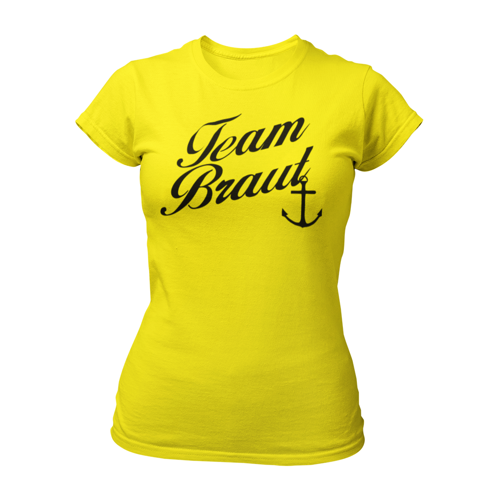 JGA T-Shirt "Team Braut mit Anker" für Frauen, mit eleganter Schrift und Anker-Silhouette. Erhältlich in den Farben grün, rot, blau, weiß und schwarz.