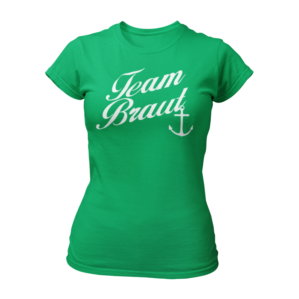 JGA T-Shirt "Team Braut mit Anker" für Frauen, mit eleganter Schrift und Anker-Silhouette. Erhältlich in den Farben grün, rot, blau, weiß und schwarz.