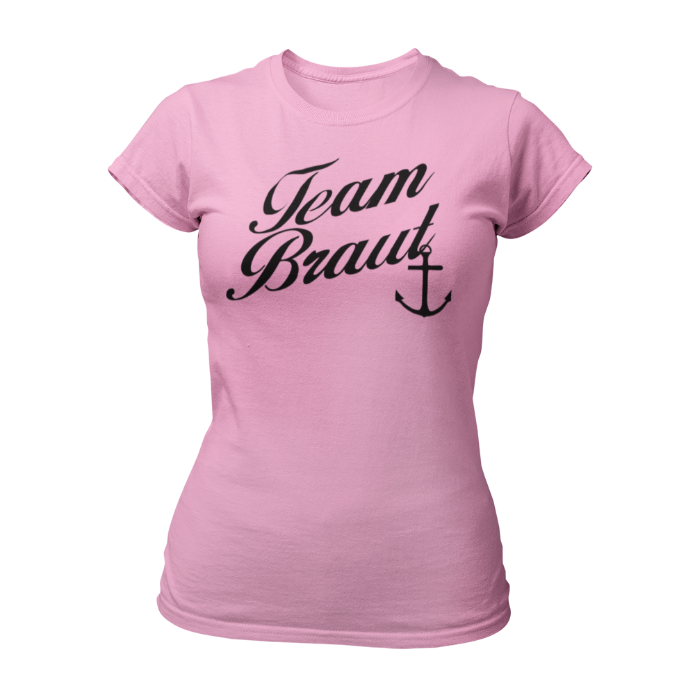 JGA T-Shirt "Team Braut mit Anker" für Frauen, mit eleganter Schrift und Anker-Silhouette. Erhältlich in den Farben grün, rot, blau, weiß und schwarz.