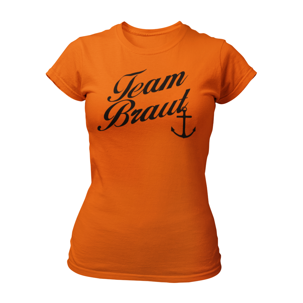 JGA T-Shirt "Team Braut mit Anker" für Frauen, mit eleganter Schrift und Anker-Silhouette. Erhältlich in den Farben grün, rot, blau, weiß und schwarz.