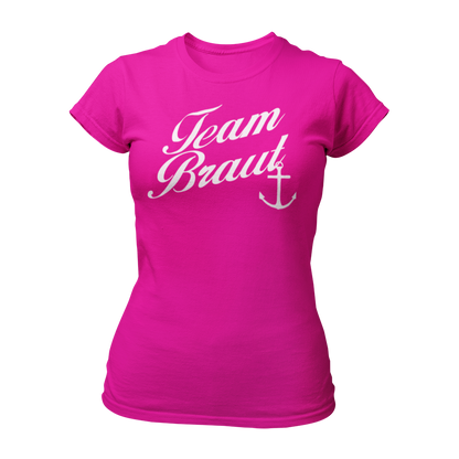 JGA T-Shirt "Team Braut mit Anker" für Frauen, mit eleganter Schrift und Anker-Silhouette. Erhältlich in den Farben grün, rot, blau, weiß und schwarz.