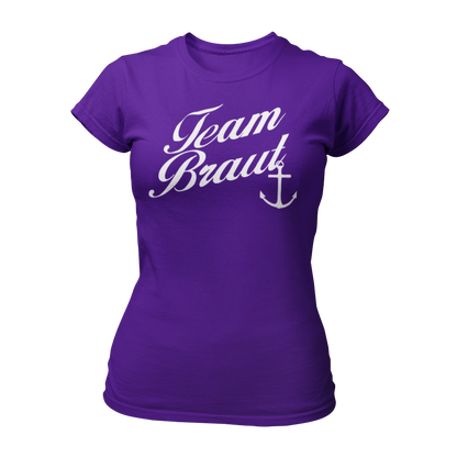 JGA T-Shirt "Team Braut mit Anker" für Frauen, mit eleganter Schrift und Anker-Silhouette. Erhältlich in den Farben grün, rot, blau, weiß und schwarz.