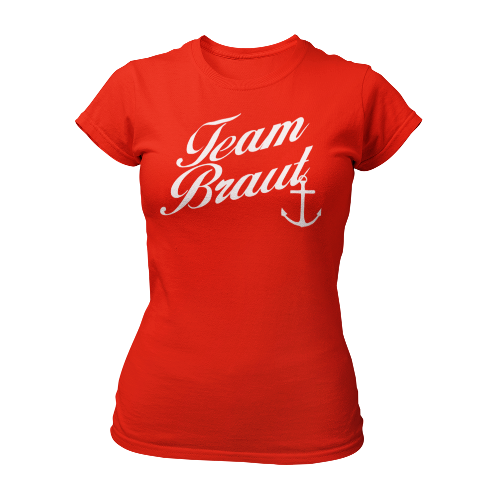 JGA T-Shirt "Team Braut mit Anker" für Frauen, mit eleganter Schrift und Anker-Silhouette. Erhältlich in den Farben grün, rot, blau, weiß und schwarz.