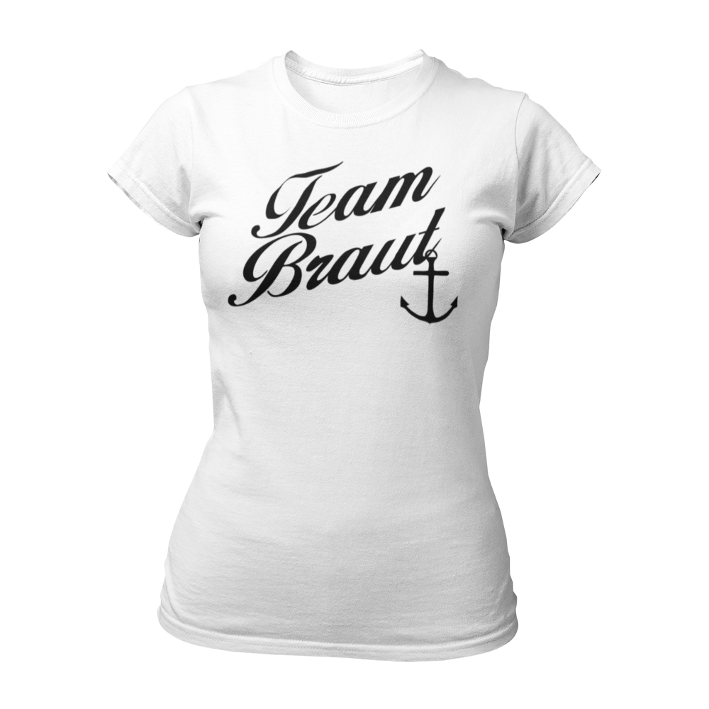 JGA T-Shirt "Team Braut mit Anker" für Frauen, mit eleganter Schrift und Anker-Silhouette. Erhältlich in den Farben grün, rot, blau, weiß und schwarz.