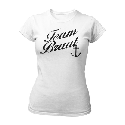 JGA T-Shirt "Team Braut mit Anker" für Frauen, mit eleganter Schrift und Anker-Silhouette. Erhältlich in den Farben grün, rot, blau, weiß und schwarz.