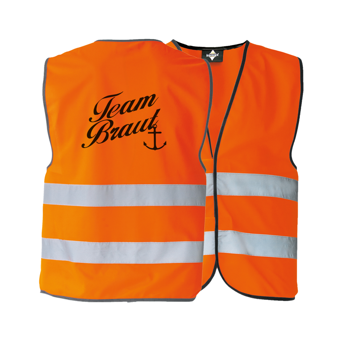 JGA Warnweste "Team Braut mit Anker" für Junggesellinnenabschiede; in verschiedenen Farben erhältlich, von dezent bis knallig; mit elegantem Schriftzug "Team Braut" und maritimem Anker-Motiv; ideal für den Einsatz im Sommer über einem Shirt oder im Winter über einer Jacke; sorgt für einheitliches Erscheinungsbild des Teams; ausgestattet mit zwei Klettverschlüssen zur Größenverstellung und zwei breiten Reflektionsstreifen für Sicherheit; schwarz eingesäumt; in den Größen S bis 5XL verfügbar; ergänzt jedes Ou
