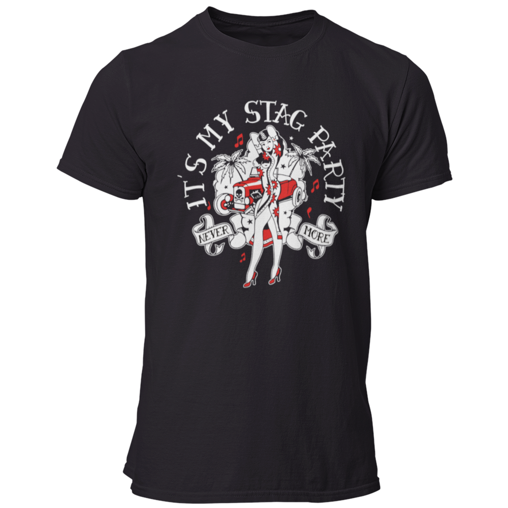 JGA-T-Shirt "Stag Party" im Rockabilly-Look mit einem stilvollen Design in schwarz, rot und weiß. Ideal für einen coolen Junggesellenabschied, ohne kitschig zu wirken. Das Motiv ist subtil und könnte auch aus einer bekannten Modelinie stammen.