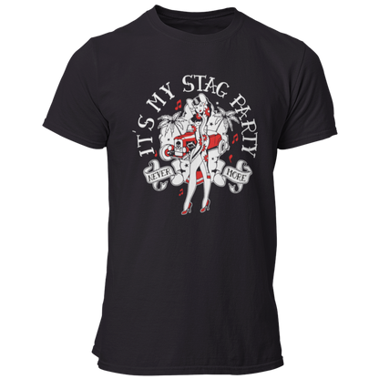 JGA-T-Shirt "Stag Party" im Rockabilly-Look mit einem stilvollen Design in schwarz, rot und weiß. Ideal für einen coolen Junggesellenabschied, ohne kitschig zu wirken. Das Motiv ist subtil und könnte auch aus einer bekannten Modelinie stammen.