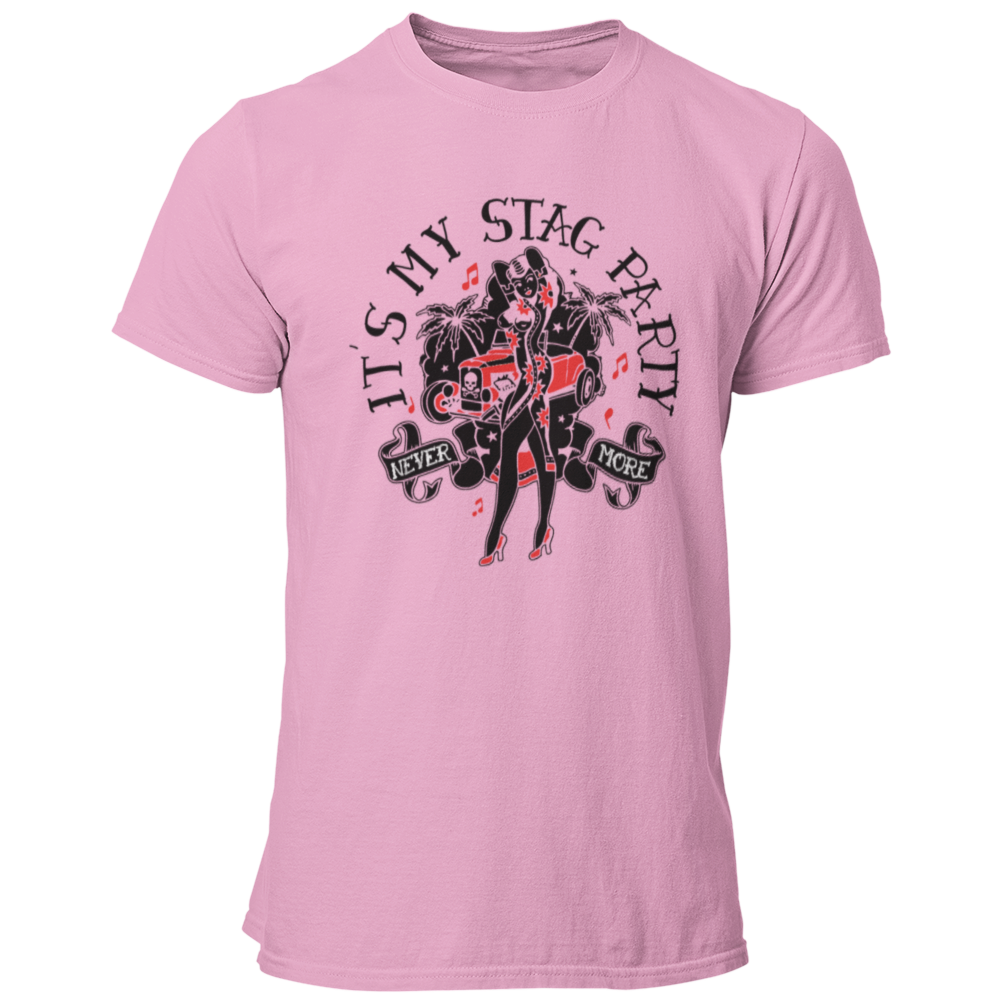 JGA-T-Shirt "Stag Party" im Rockabilly-Look mit einem stilvollen Design in schwarz, rot und weiß. Ideal für einen coolen Junggesellenabschied, ohne kitschig zu wirken. Das Motiv ist subtil und könnte auch aus einer bekannten Modelinie stammen.