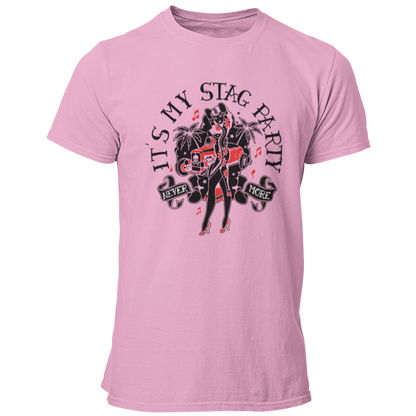 JGA-T-Shirt "Stag Party" im Rockabilly-Look mit einem stilvollen Design in schwarz, rot und weiß. Ideal für einen coolen Junggesellenabschied, ohne kitschig zu wirken. Das Motiv ist subtil und könnte auch aus einer bekannten Modelinie stammen.