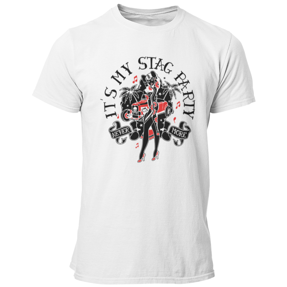 JGA-T-Shirt "Stag Party" im Rockabilly-Look mit einem stilvollen Design in schwarz, rot und weiß. Ideal für einen coolen Junggesellenabschied, ohne kitschig zu wirken. Das Motiv ist subtil und könnte auch aus einer bekannten Modelinie stammen.