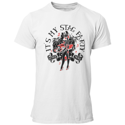 JGA-T-Shirt "Stag Party" im Rockabilly-Look mit einem stilvollen Design in schwarz, rot und weiß. Ideal für einen coolen Junggesellenabschied, ohne kitschig zu wirken. Das Motiv ist subtil und könnte auch aus einer bekannten Modelinie stammen.