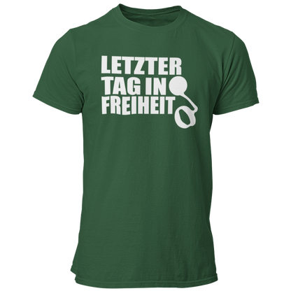 JGA-T-Shirt "Letzter Tag in Freiheit" mit humorvollem Spruch und Gefängniskette-Design. Ideal für den Junggesellenabschied, um den letzten Tag in Freiheit gebührend zu feiern. Spaßiges Motiv, das den Junggesellen daran erinnert, die Freiheit vor der Ehe noch einmal auszukosten.