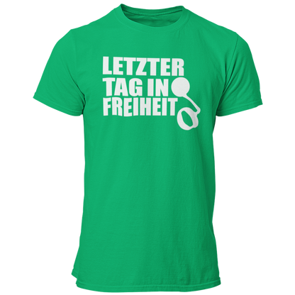 JGA-T-Shirt "Letzter Tag in Freiheit" mit humorvollem Spruch und Gefängniskette-Design. Ideal für den Junggesellenabschied, um den letzten Tag in Freiheit gebührend zu feiern. Spaßiges Motiv, das den Junggesellen daran erinnert, die Freiheit vor der Ehe noch einmal auszukosten.