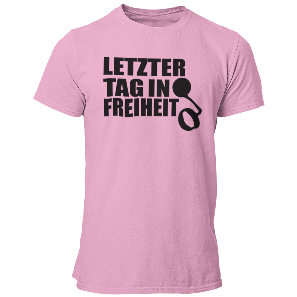 JGA-T-Shirt "Letzter Tag in Freiheit" mit humorvollem Spruch und Gefängniskette-Design. Ideal für den Junggesellenabschied, um den letzten Tag in Freiheit gebührend zu feiern. Spaßiges Motiv, das den Junggesellen daran erinnert, die Freiheit vor der Ehe noch einmal auszukosten.