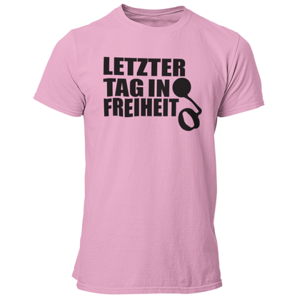 JGA-T-Shirt "Letzter Tag in Freiheit" mit humorvollem Spruch und Gefängniskette-Design. Ideal für den Junggesellenabschied, um den letzten Tag in Freiheit gebührend zu feiern. Spaßiges Motiv, das den Junggesellen daran erinnert, die Freiheit vor der Ehe noch einmal auszukosten.