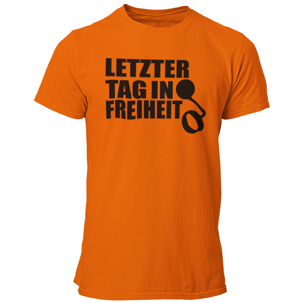 JGA-T-Shirt "Letzter Tag in Freiheit" mit humorvollem Spruch und Gefängniskette-Design. Ideal für den Junggesellenabschied, um den letzten Tag in Freiheit gebührend zu feiern. Spaßiges Motiv, das den Junggesellen daran erinnert, die Freiheit vor der Ehe noch einmal auszukosten.