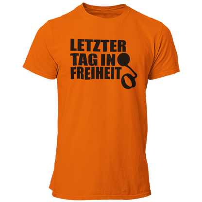 JGA-T-Shirt "Letzter Tag in Freiheit" mit humorvollem Spruch und Gefängniskette-Design. Ideal für den Junggesellenabschied, um den letzten Tag in Freiheit gebührend zu feiern. Spaßiges Motiv, das den Junggesellen daran erinnert, die Freiheit vor der Ehe noch einmal auszukosten.