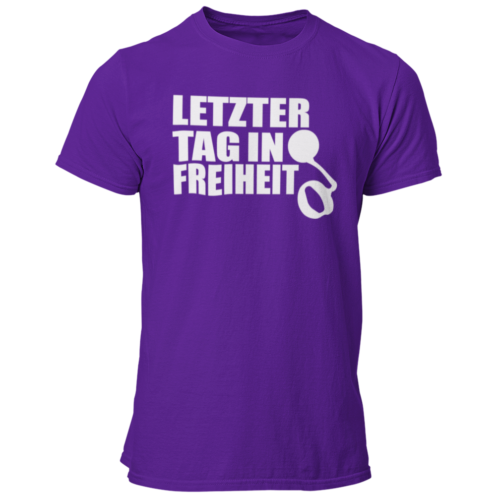 JGA-T-Shirt "Letzter Tag in Freiheit" mit humorvollem Spruch und Gefängniskette-Design. Ideal für den Junggesellenabschied, um den letzten Tag in Freiheit gebührend zu feiern. Spaßiges Motiv, das den Junggesellen daran erinnert, die Freiheit vor der Ehe noch einmal auszukosten.