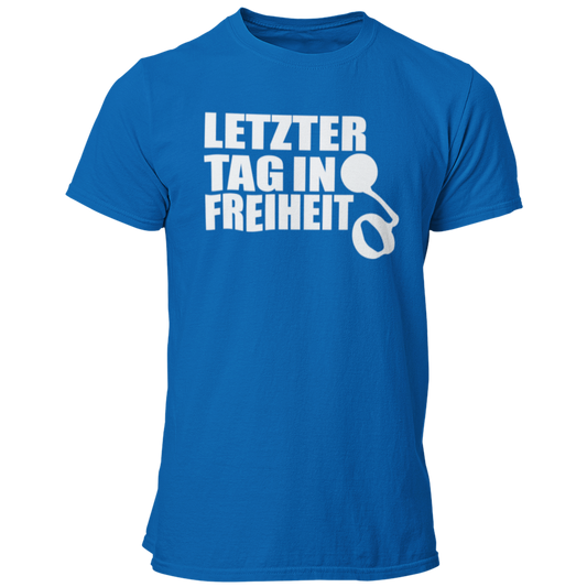 JGA-T-Shirt "Letzter Tag in Freiheit" mit humorvollem Spruch und Gefängniskette-Design. Ideal für den Junggesellenabschied, um den letzten Tag in Freiheit gebührend zu feiern. Spaßiges Motiv, das den Junggesellen daran erinnert, die Freiheit vor der Ehe noch einmal auszukosten.