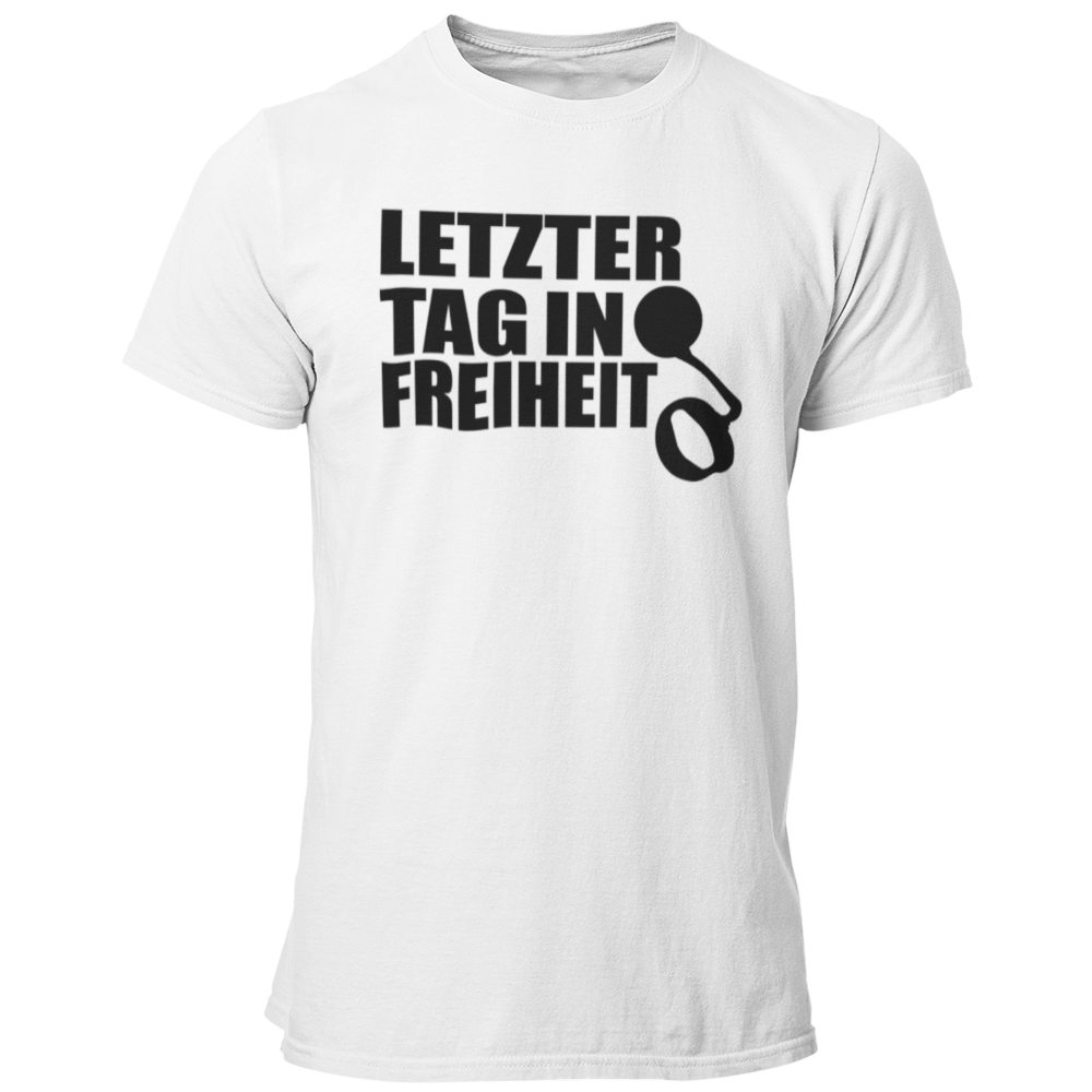 JGA-T-Shirt "Letzter Tag in Freiheit" mit humorvollem Spruch und Gefängniskette-Design. Ideal für den Junggesellenabschied, um den letzten Tag in Freiheit gebührend zu feiern. Spaßiges Motiv, das den Junggesellen daran erinnert, die Freiheit vor der Ehe noch einmal auszukosten.