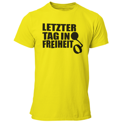 JGA-T-Shirt "Letzter Tag in Freiheit" mit humorvollem Spruch und Gefängniskette-Design. Ideal für den Junggesellenabschied, um den letzten Tag in Freiheit gebührend zu feiern. Spaßiges Motiv, das den Junggesellen daran erinnert, die Freiheit vor der Ehe noch einmal auszukosten.