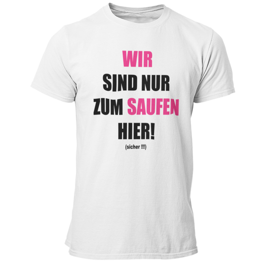 JGA T-Shirt 'Wir sind nur zum Saufen hier' mit einem humorvollen und direkten Design, das die klare Botschaft des Abends verkündet. Das Shirt informiert, dass der Fokus auf Feiern und Spaß liegt, während das Heiraten dem Bräutigam überlassen bleibt. Der knallige Aufdruck auf schlichten Textilfarben sorgt für Aufmerksamkeit und ist ein garantierter Hingucker. Ideal für die JGA-Crew, um sich entspannt zurückzulehnen, während sie die Spiele und Scherze rund um den Junggesellen genießen. Prost auf den Junggesel