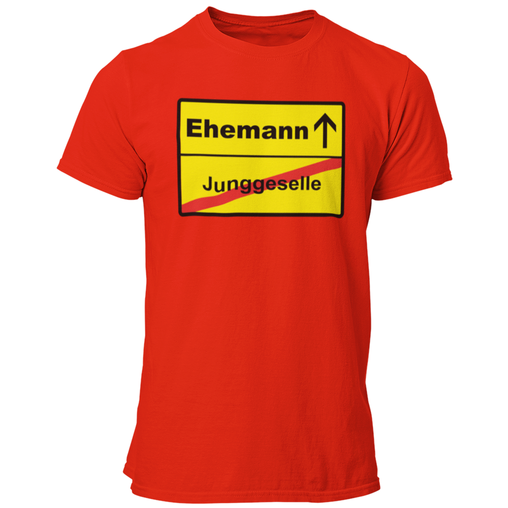 JGA T-Shirt mit dem Aufdruck 'JGA Ehemann Ortsschild' in auffälliger Farbe. Schlichtes, gerade geschnittenes Design für den Bräutigam, erhältlich in verschiedenen Farben und Größen.