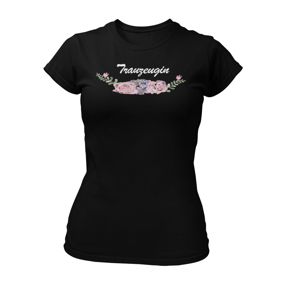 Damen T-Shirt "BOHO Trauzeugin" mit einem blumigen Vintage-Motiv und dem Schriftzug "Trauzeugin". Das Shirt hat einen taillierten Schnitt, kurze Ärmel und ist in mehreren Farben erhältlich, bietet einen weichen Tragekomfort und ist ideal für die Trauzeugin, egal ob Schwester, Mutter oder Kollegin.