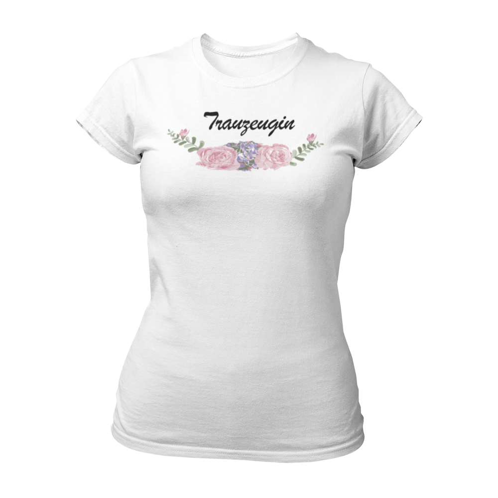 Damen T-Shirt "BOHO Trauzeugin" mit einem blumigen Vintage-Motiv und dem Schriftzug "Trauzeugin". Das Shirt hat einen taillierten Schnitt, kurze Ärmel und ist in mehreren Farben erhältlich, bietet einen weichen Tragekomfort und ist ideal für die Trauzeugin, egal ob Schwester, Mutter oder Kollegin.