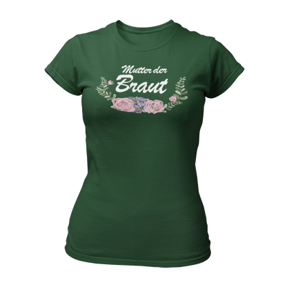 Damen T-Shirt im angesagten Boho-Style mit einem schönen Vintage-Motiv, das den Schriftzug 'Mutter der Braut' und ein florales Design zeigt. Taillierte Passform und in verschiedenen Farben erhältlich, ideal für den Junggesellenabschied. Perfekt für große Gruppen mit unterschiedlichen Gästen, um das Kennenlernen zu erleichtern. Witzige Motive und klare Schriftzüge machen dieses Shirt zu einem hervorragenden Kombi-Artikel für den Frauen-JGA.