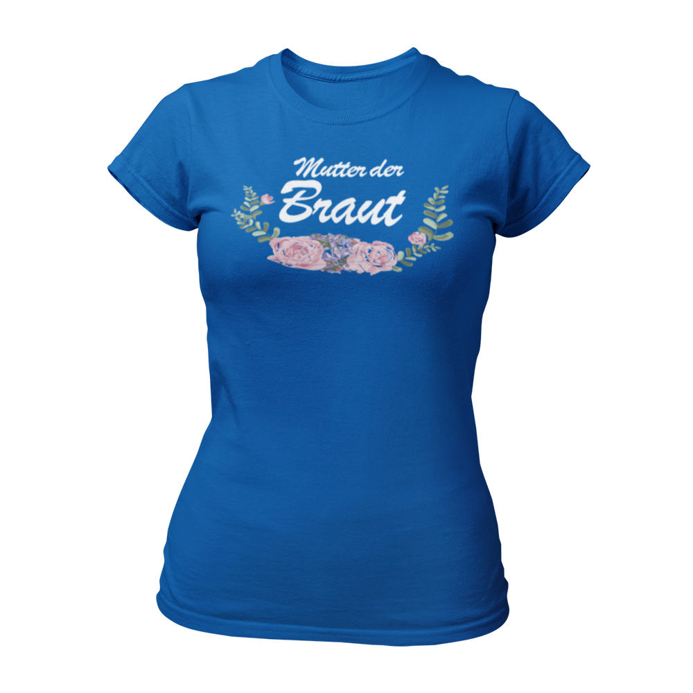 Damen T-Shirt im angesagten Boho-Style mit einem schönen Vintage-Motiv, das den Schriftzug 'Mutter der Braut' und ein florales Design zeigt. Taillierte Passform und in verschiedenen Farben erhältlich, ideal für den Junggesellenabschied. Perfekt für große Gruppen mit unterschiedlichen Gästen, um das Kennenlernen zu erleichtern. Witzige Motive und klare Schriftzüge machen dieses Shirt zu einem hervorragenden Kombi-Artikel für den Frauen-JGA.