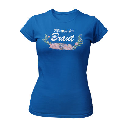 Damen T-Shirt im angesagten Boho-Style mit einem schönen Vintage-Motiv, das den Schriftzug 'Mutter der Braut' und ein florales Design zeigt. Taillierte Passform und in verschiedenen Farben erhältlich, ideal für den Junggesellenabschied. Perfekt für große Gruppen mit unterschiedlichen Gästen, um das Kennenlernen zu erleichtern. Witzige Motive und klare Schriftzüge machen dieses Shirt zu einem hervorragenden Kombi-Artikel für den Frauen-JGA.