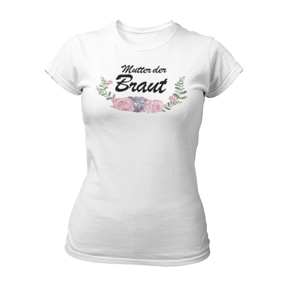 Damen T-Shirt im angesagten Boho-Style mit einem schönen Vintage-Motiv, das den Schriftzug 'Mutter der Braut' und ein florales Design zeigt. Taillierte Passform und in verschiedenen Farben erhältlich, ideal für den Junggesellenabschied. Perfekt für große Gruppen mit unterschiedlichen Gästen, um das Kennenlernen zu erleichtern. Witzige Motive und klare Schriftzüge machen dieses Shirt zu einem hervorragenden Kombi-Artikel für den Frauen-JGA.