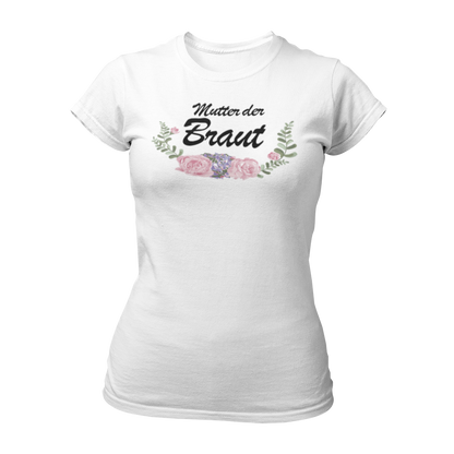 Damen T-Shirt im angesagten Boho-Style mit einem schönen Vintage-Motiv, das den Schriftzug 'Mutter der Braut' und ein florales Design zeigt. Taillierte Passform und in verschiedenen Farben erhältlich, ideal für den Junggesellenabschied. Perfekt für große Gruppen mit unterschiedlichen Gästen, um das Kennenlernen zu erleichtern. Witzige Motive und klare Schriftzüge machen dieses Shirt zu einem hervorragenden Kombi-Artikel für den Frauen-JGA.