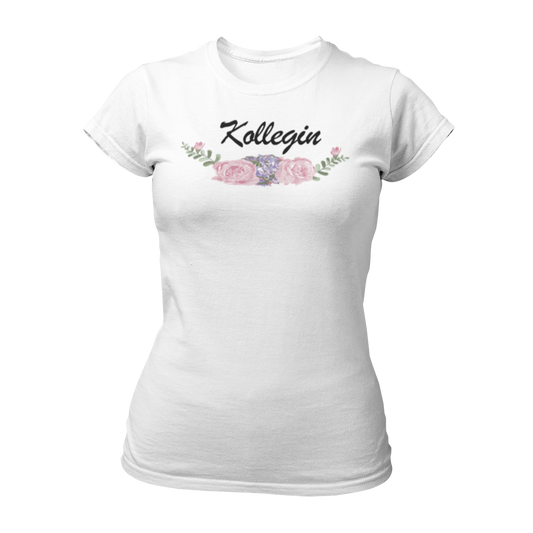 JGA T-Shirt "BOHO Kollegin" in Weiß mit einem schönen Vintage-Motiv und Blumenverzierungen, ideal für die Kollegin und passend zu anderen Boho Shirts für Frauen.